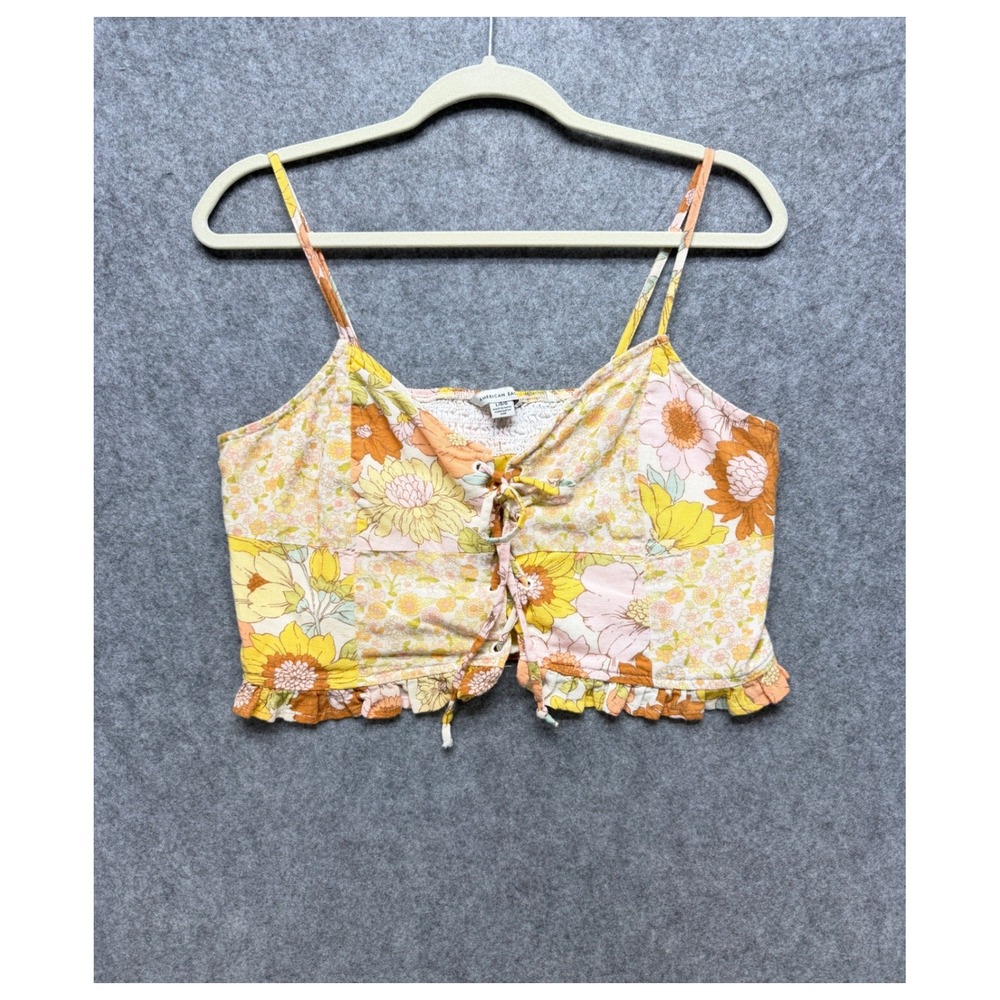 American Eagle Floral Patchwork Lace Up Cami Crop Top Yellow Orange Large